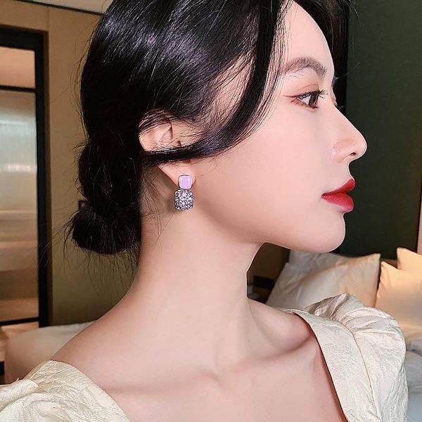 

New Korean Purple Shiny Crystal Geometric Women Earrings Contracted Sweet Lovely Heart Fine fashion Drop Earrings Jewelry, Silver