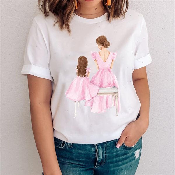 

women graphic watercolor lovely cartoon mom mama mother daughter clothes lady clothing tees print female tshirt t shirt, White