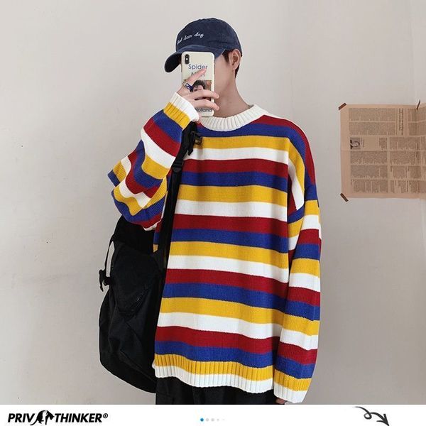 

2021 new autumn winter men's knitted sweaters korean colorful striped man oversized pullovers couple male casual ckk9, White;black