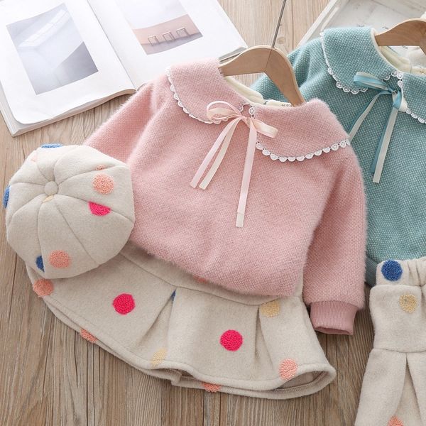 

winter princess clothes set girls children kids long sleeve pullover thicken velvet sweatshirt+dot pleated skirt suit+hat s10265 1021, White