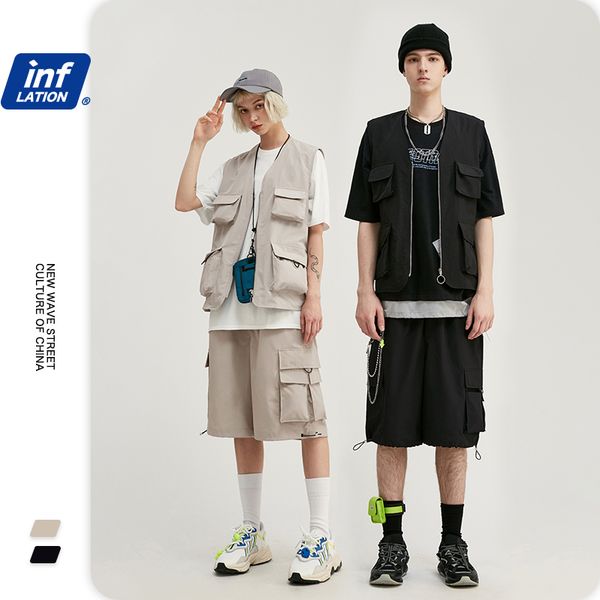 

inflation men summer utility suit streetwear jersey men utility gilet & loose fit style men shorter shorts with elastic waist c1011, Black;white