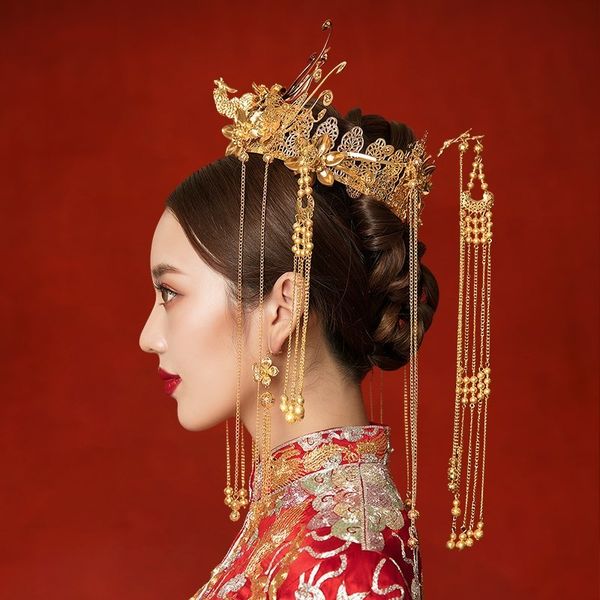 

ktassel bride's ancient costume headdress step shake chinese wedding atmosphere xiuhe dress phoenix crown hair ornament female m, Silver