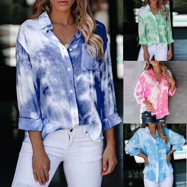 

женская мода tie-краситель кнопка печатается с длинным рукавом отложным воротником топы блуза, White