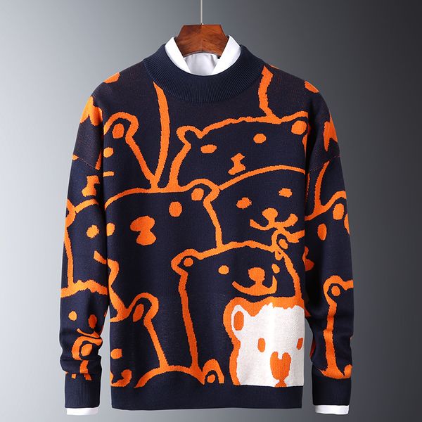 

2021 new mens autumn casual polar bear pattern trendy slim sweaters cotton long sleeve round collar male warm pullovers orange 5ulm, White;black