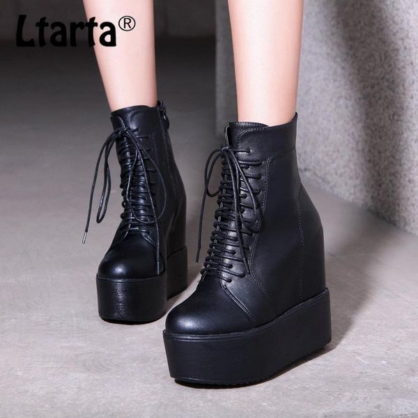 

boots ltarta winter black and white shoes thick wedge platform fleece lace up women's high heel -888-3