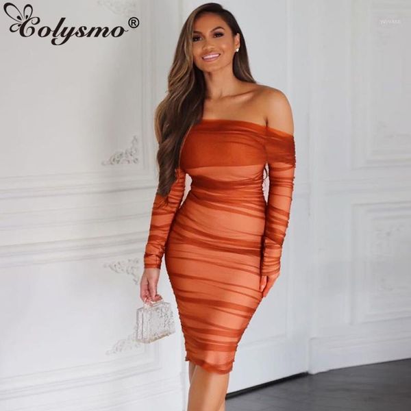 

colysmo double layers ruched mesh dress women 2020 summer off shoulder long sleeve bodycon dress black elegant party1, Black;gray
