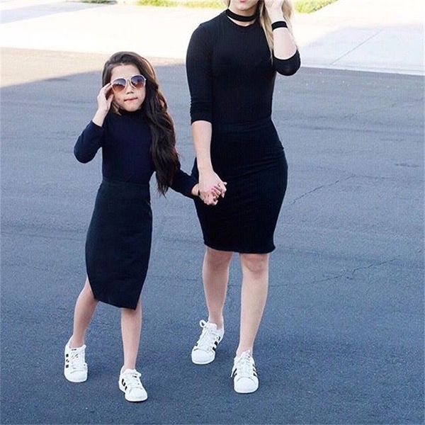 

family matching clothes mom daughter casual black dress baby girls slim fit clothing child long-sleeve+tight skirts 2 piece suit y200713, Blue