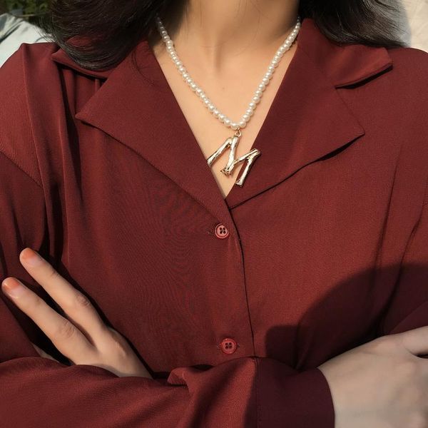 

retro simple pearl necklace sweater chain temperament letters with handmade necklace women, Silver