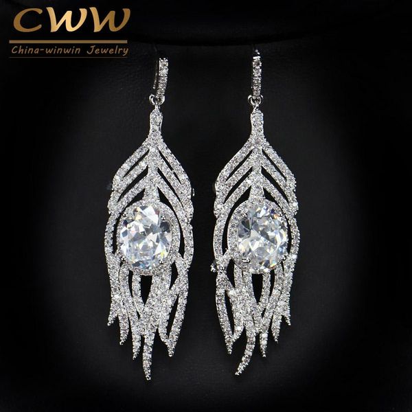 

dangle & chandelier cwwzircons brand micro pave fancy cubic zirconia setting long feather shape drop earring jewelry for women cz107, Silver