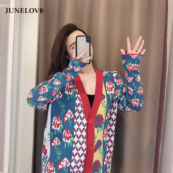 

junelove vintage women sweaters long sleeve knitted cardigan outwear coat casual loose warm printed fashion female sweaters h1211, White;black