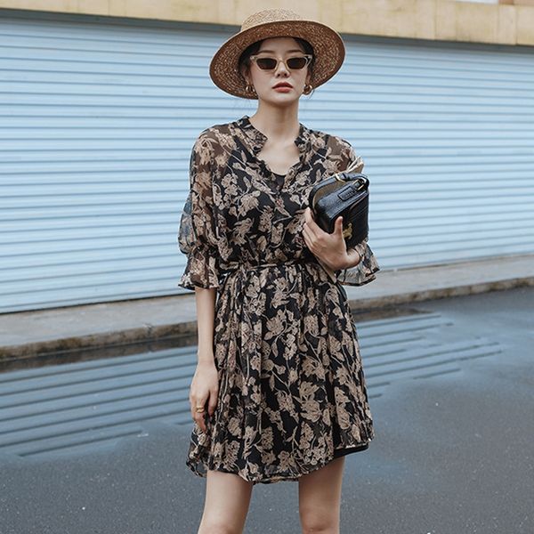 

малый аромат chiffon фрагментарно v-образным вырезом осенью 2020 новый французский стиль тонкий тенденция малый аромат шифон фрагментарно v, Black;gray