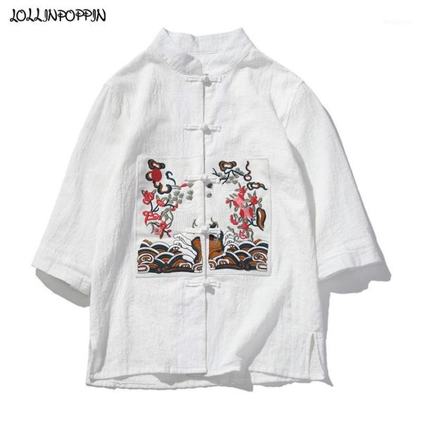 

men's casual shirts traditional chinese style embroidery pattern patched mens white shirt three-quarter sleeves men mandarin collar1, White;black