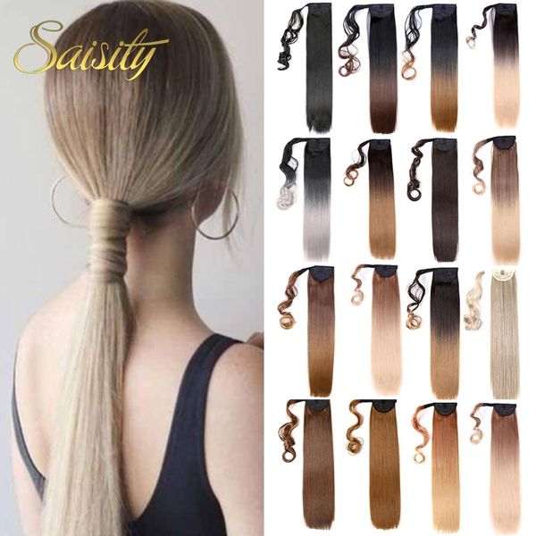 

synthetic 22inches long straight wrap around clip in ponytail hair extension heat resistant synthetic pony tail fake hair ls10f, Black