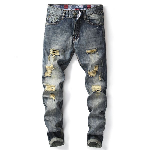 

hole slim men's nostalgic ragged jeans cotton 953, Blue