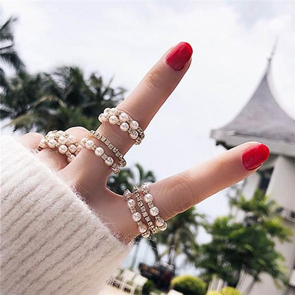 

mengjiqiao 2020 korean new multilayer rhinestone simulated pearl open rings for women hands jewelry wedding adjustable ring gift, Golden;silver