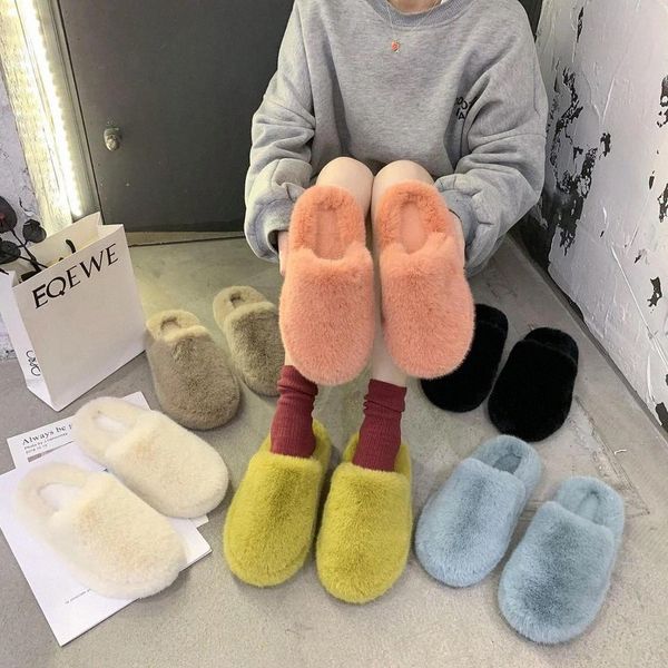 

winter new house women half fur slippers fashion multicolor faux fur warm flat shoes slip on home bedroom ladies fuzzy slipper #1d4z, Black