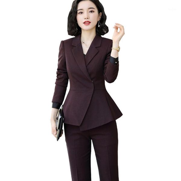 

women formal pant suit 2 piece set office lady work wear uniform designs female business wine jacket and trousers1, White