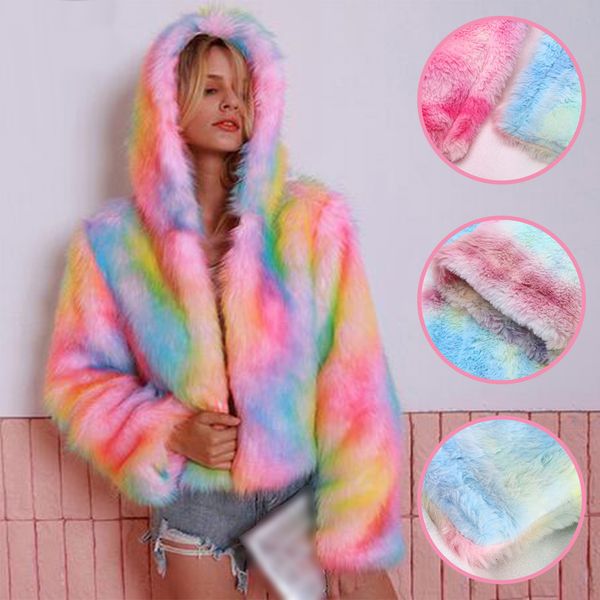 

women rainbow faux fur coat jacket colorful artificial wool collar hooded long sleeve thicken warm coats and jackets women 2019 t200111, Black;brown