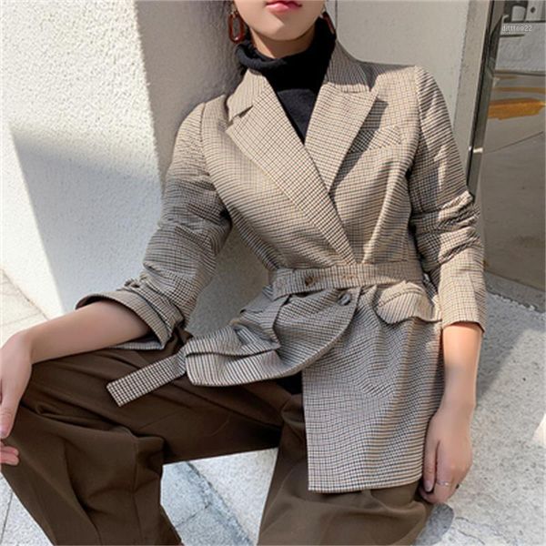 

women's suits & blazers fashion woolen plaid women suit fall / winter large size belt loose casual business coat1, White;black