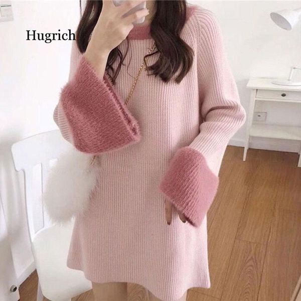 

faux fur long sleeve sweater dress women pullover autumn knitted vestidos female casual sweaters winter mini dress 2021 korean, Black;gray