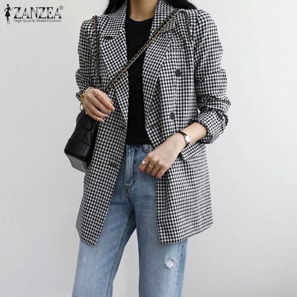 

women's suits & blazers elegant check women style coats zanzea 2021 casual long sleeve outerwears female double-breasted coat plus size, White;black