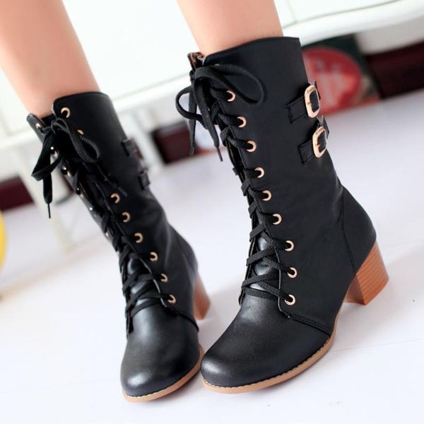

boots sorphio female fashion lace up buckle mid calf square heel round toe women fall shoes woman, Black