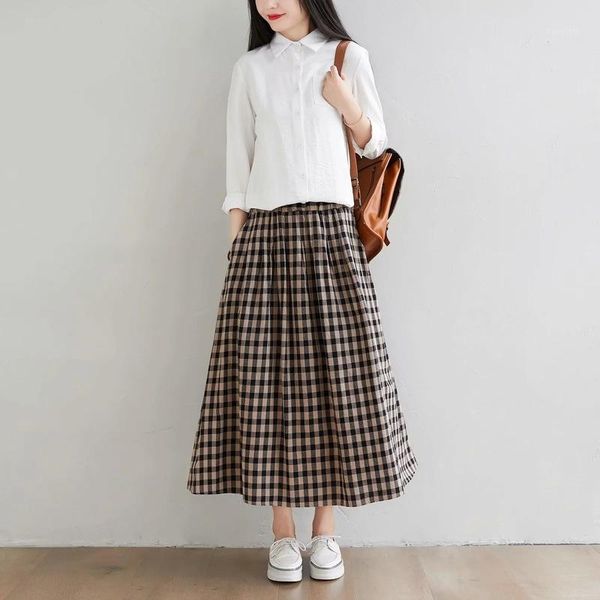 

autumn new arrival women skirts retro art style cotton line high waist elastic plaid printed chic elegant a-line pleated skirt1, Black