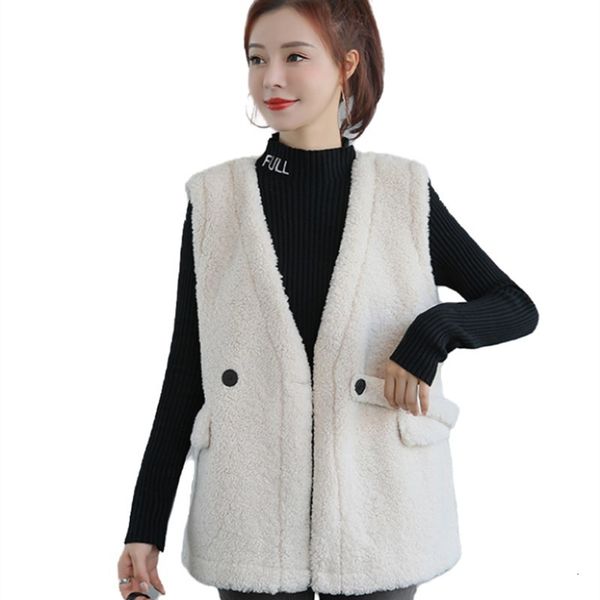 

2021 new women thick white warm cardigan coat autumn winter sleeveless vest outerwear jacket pocket female artificial fur waistcoat onzv, Black;white