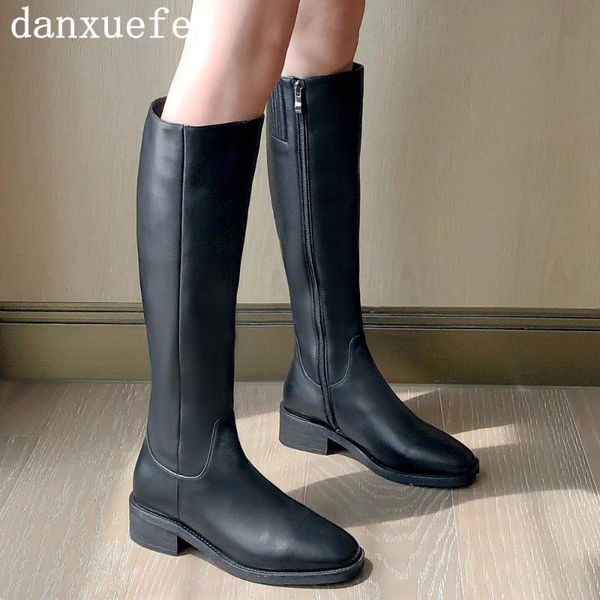 

women's genuine leather side zip flats knee high knight boots square toe casual wainter warm plush black motorcycle boots shoes