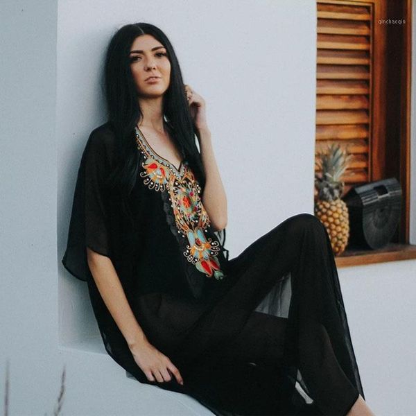 

cover-ups woman tunic bath dress black embroidered summer beachwear chiffon kaftan beach robe plage swim wear cover up1