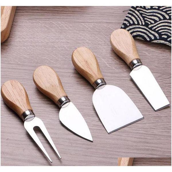 

4pcs/sets cheese knives board set oak handle butter fork spreader knife kit kitchen cooking tools useful accessories za3266 eqpm3
