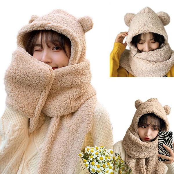 

beanie/skull caps winter female novelty warm plush hat outdoor windproof thermal cute cartoon bear ears earflap cap hooded long scarf wrap, Blue;gray