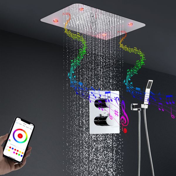 Ванная комната Bluetooth музыкальный душ набор дождь светодиодный душ 580 * 380 мм массаж туманные термостатические скрытые смесители смесители хромированные