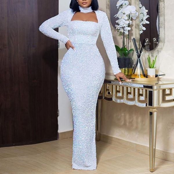 Elegante abito bianco da sera Long for Women Party Club Sexy Hollow Turtleneck Autumn Plus BodyCon Maxi Abites Wedding 2021 X0521