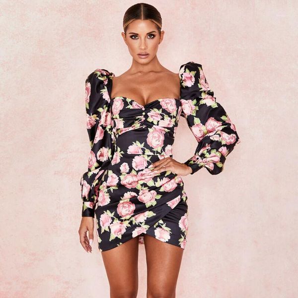 

flower dress elegant women puff sleeve bodycon party dresses vintage floral dress woman long sleeve clothes womens dresses1, Black;gray