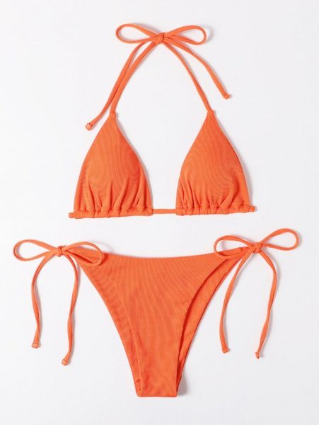 

rib halter triangle tie side bikini swimsuit 25y9#, White;black