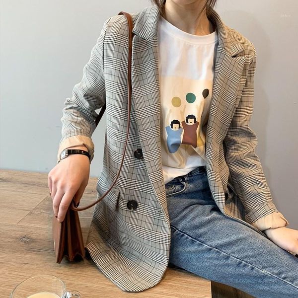 

vintage women plaid loose blazer long sleeve double breasted notched collar female suit jacket autumn outwear jk2491, White;black