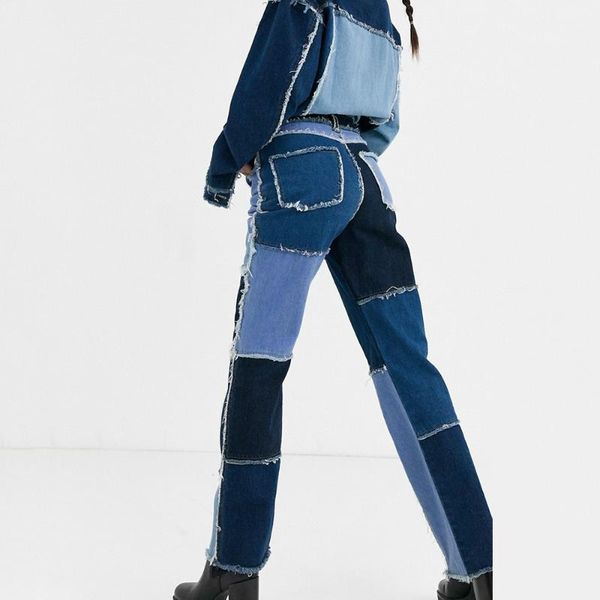 

women's jeans liooil patchwork skinny straight leg woman high waist denim trousers color block vintage blue brown streetwear pants