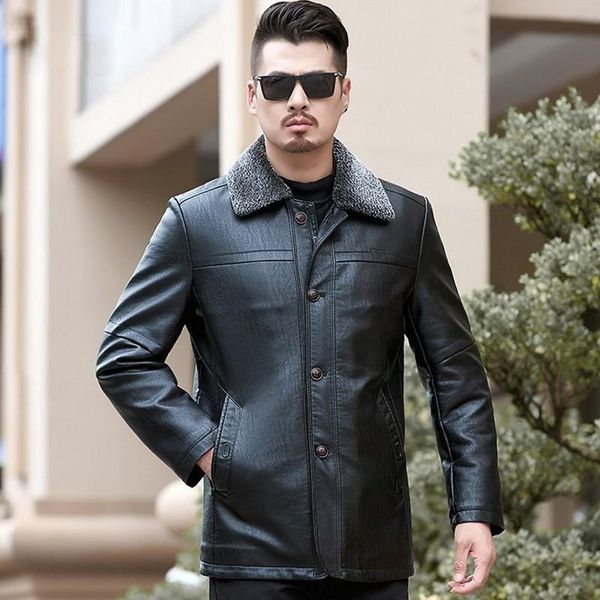 

men's fur & faux mens casual pu leather outerwear coats winter fleece lining thick warm collar male medium length jackets plus size, Black