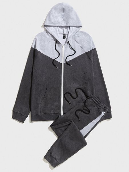 

men two tone raglan sleeve drawstring hoodie & sweatpants 64kj#, Gray