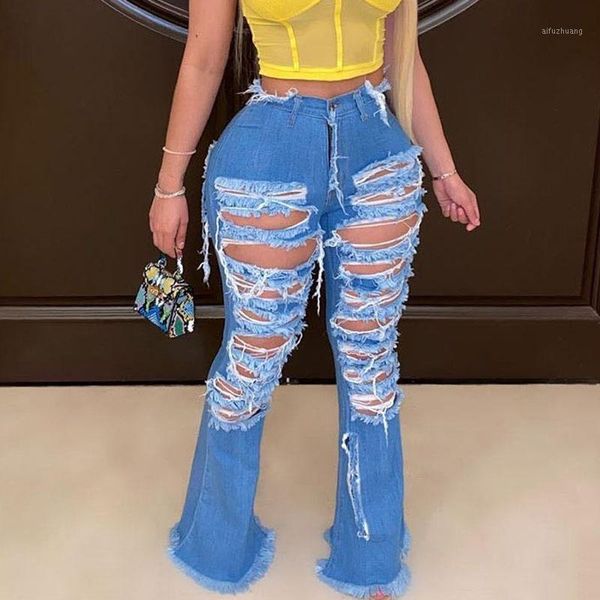 

retro women ripped jeans solid hole jeans ripped flare trousers skinny bell bottom high waist lady denim pants1, Blue