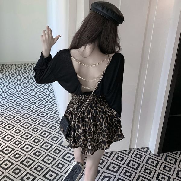 

autumn 2020 new cut out open back chain + ruffled leopard print skirt set 2 pieces for women