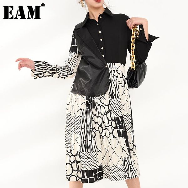 

eam] women pattern printed irregular dress new lapel long sleeve loose fit fashion tide spring autumn 2021 1db63401, Black;gray