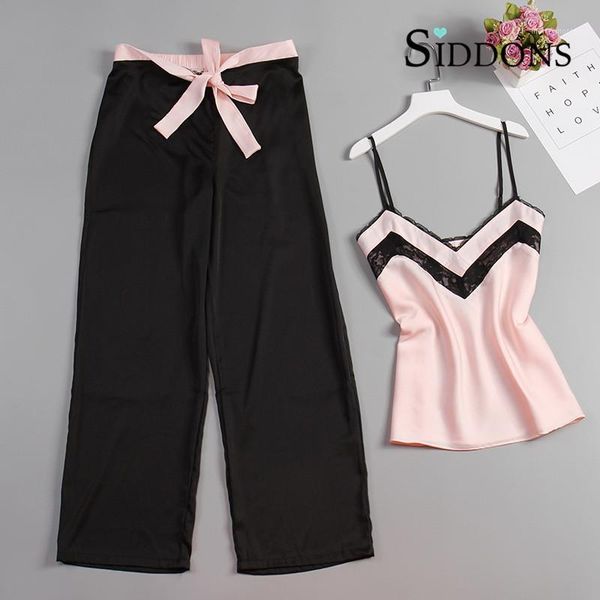 

women's sleepwear siddons 2 piece woman pajamas set stain silk pink and long pants strap sling summer pajama homewear1, Black;red