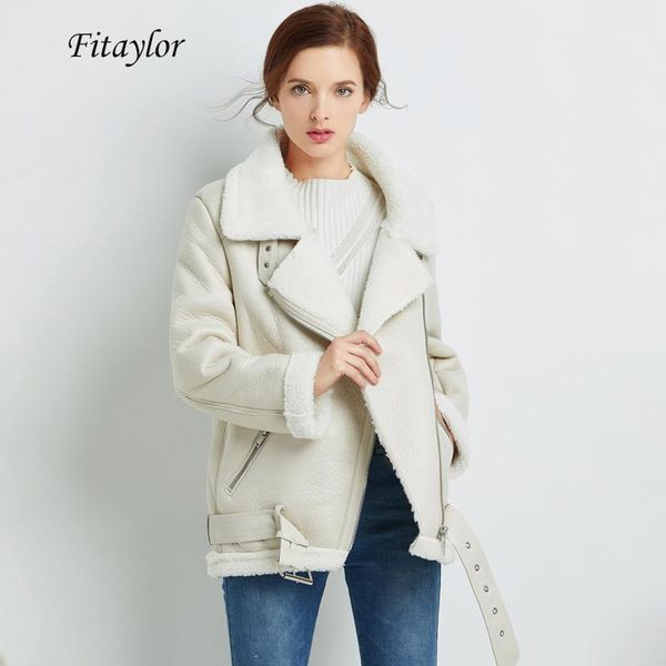 

fitaylor winter faux lamb leather jacket women faux leather lambs wool fur collar zipper loose coat female warm thick outerwear1, Black