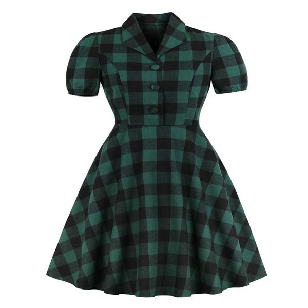 

casual dresses plus size women gingham vintage dress summer 2021 ladies button up 50s 60s green plaid pin clothes elegant robe retro, Black;gray