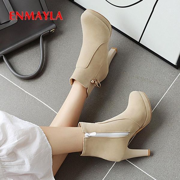 

boots enmayla winter round toe zip ankle super high string bead solid pu women shoes spike heels cow suede red thigh boots1, Black