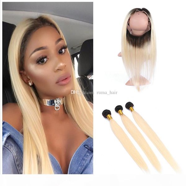 

ombre blonde pre plucked 360 full frontals with straight bundles brazilian virgin human hair wefts with 360 lace frontal closure 4ps lot, Black;brown