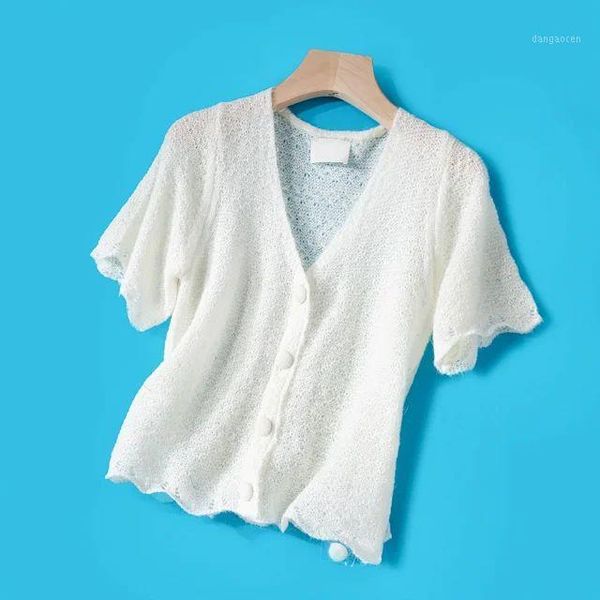 

women cardigan 2020 spring and summer new v-neck round buckle mohair short-sleeved, White