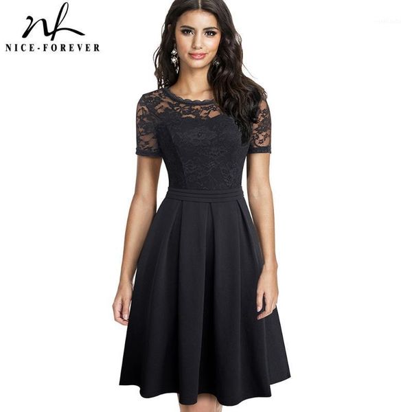 

nice-forever elegant lace patchwork with back v vestidos party retro women flare swing dress a2031, Black;gray